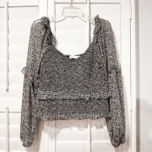 ASTR the Label Smocked Blouse Top Ditsy Floral Boho Black Multi Size Large